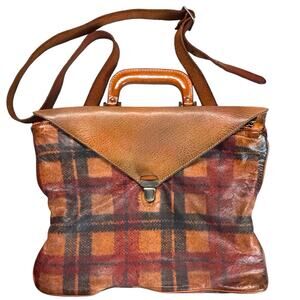 Numero 10 Handmade in Italy Leather Retro Plaid Crossbody Tote Purse Bag Satchel